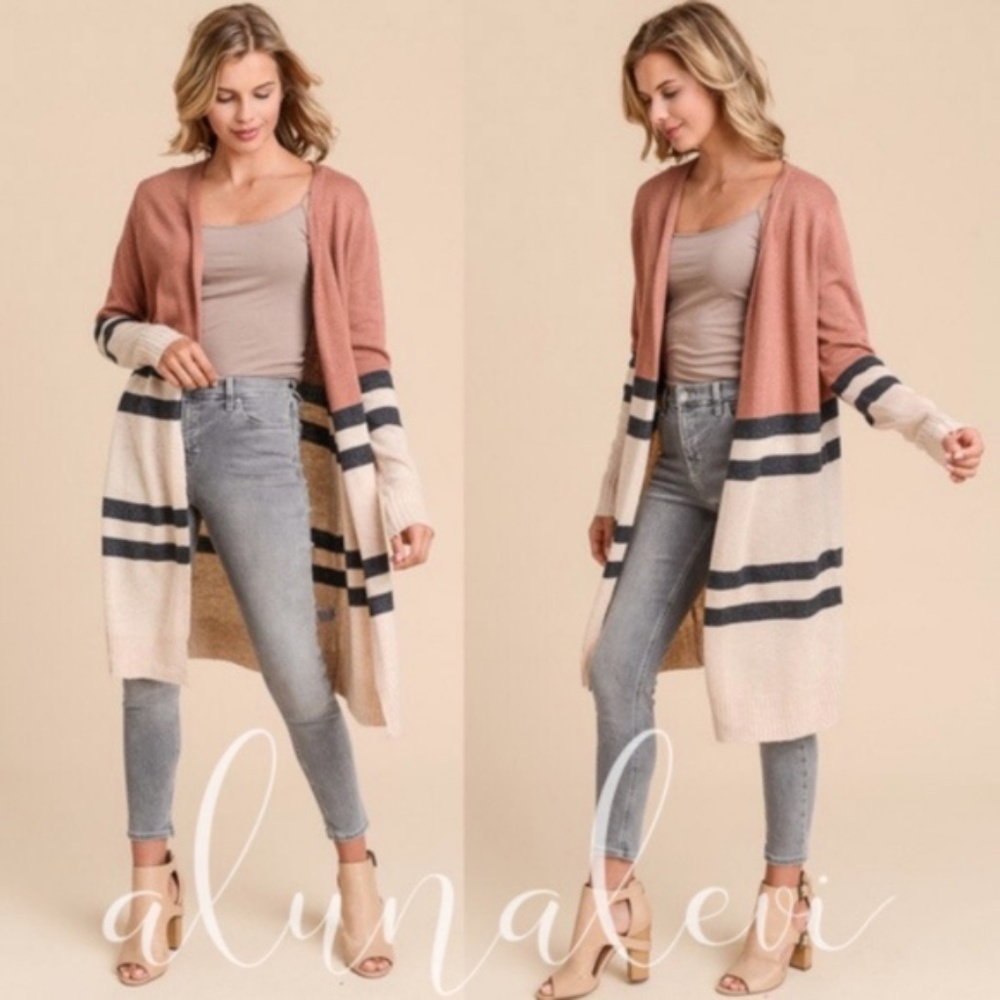 Color block cashmere blend long cardigan -RUST - Picture 5 of 5